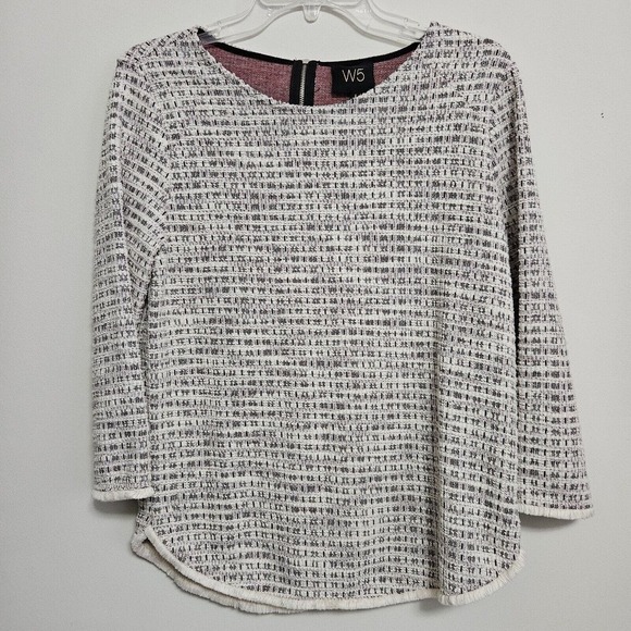 W5 Anthropologie Women's 3/4 Sleeve Tweed Top Fringe Hem Shirt Size Small - Picture 1 of 10